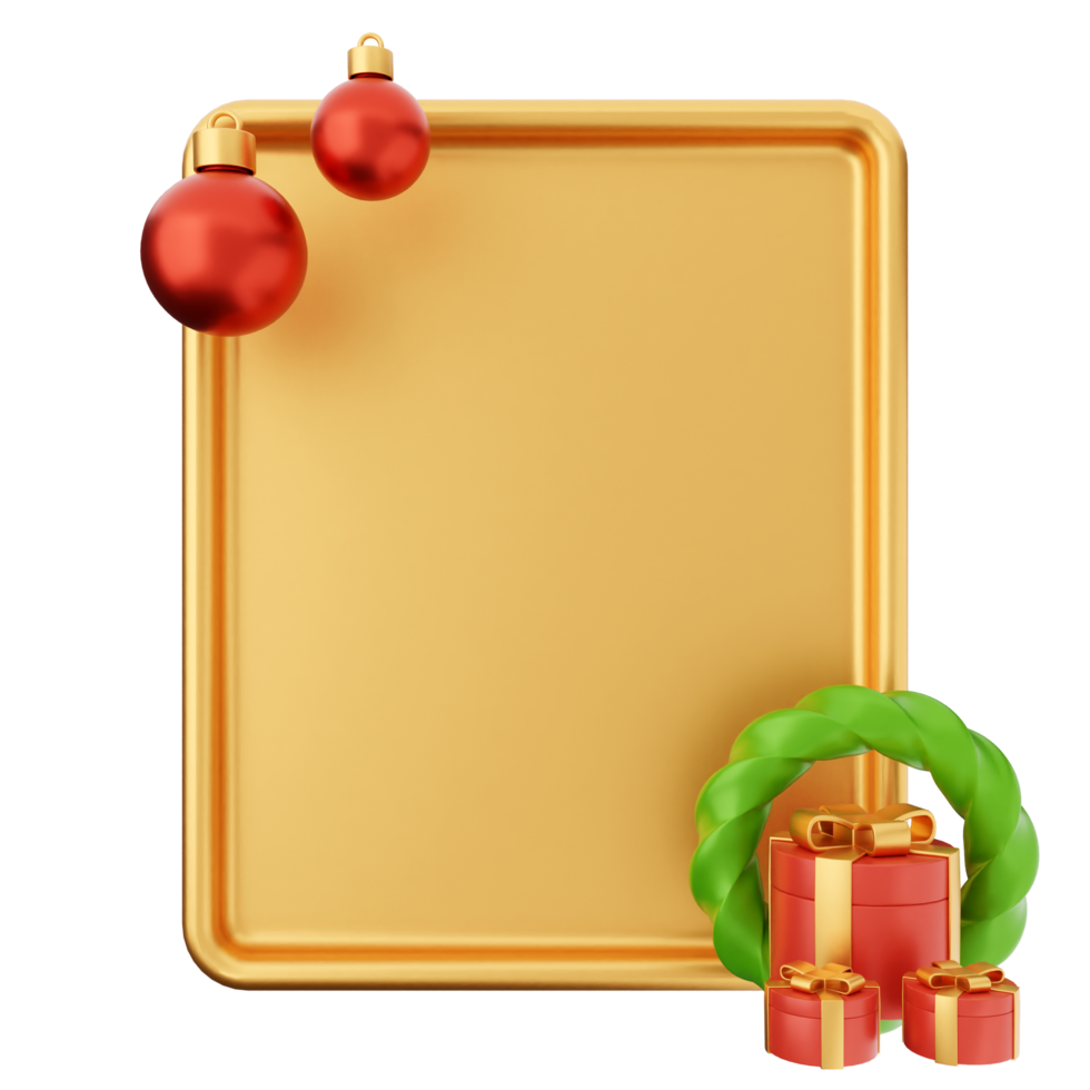 A golden frame with christmas decorations and a gift png