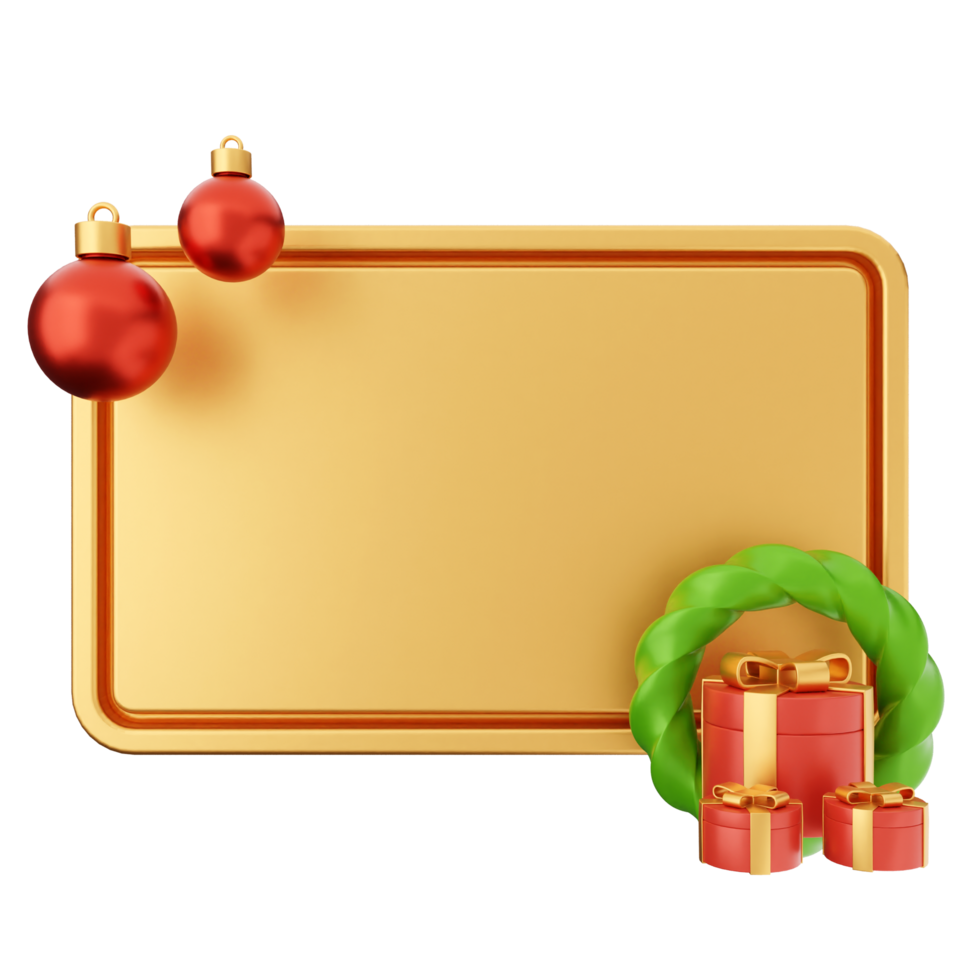 Christmas gold frame with christmas wreath and gifts png