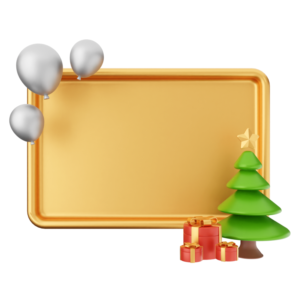 A gold frame with a christmas tree and silver balloons png