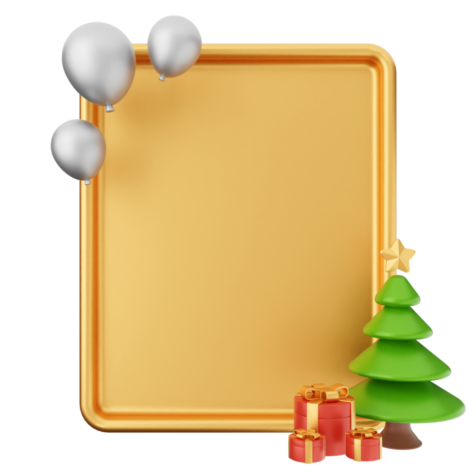 A gold frame with a christmas tree and balloons png