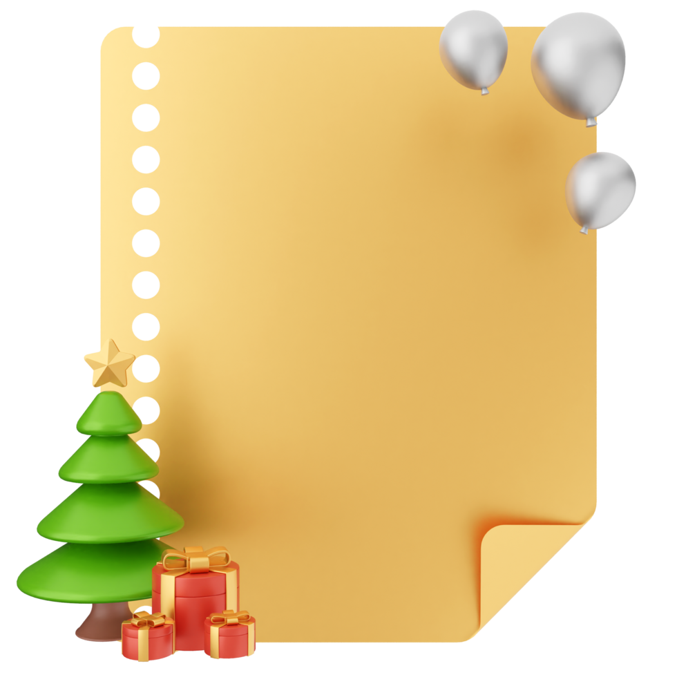 A golden paper with a christmas tree and balloons png