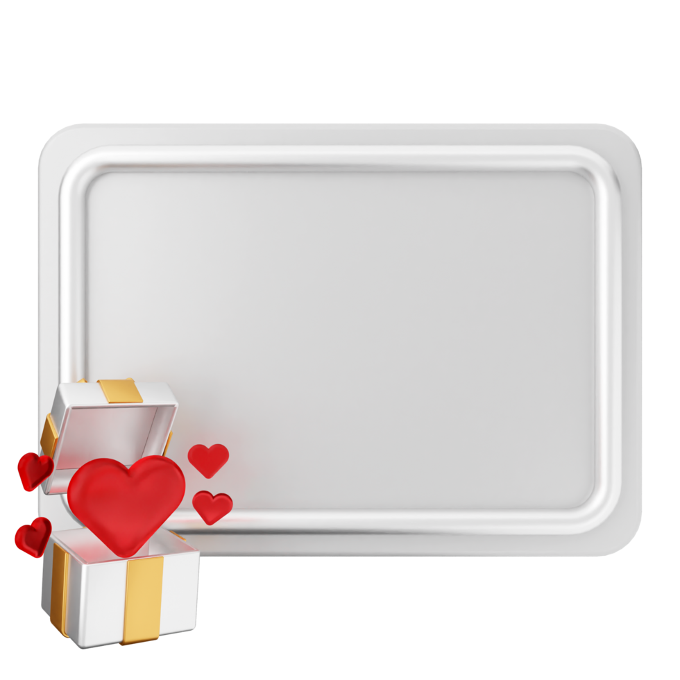 A white frame with a red heart and a gift box png