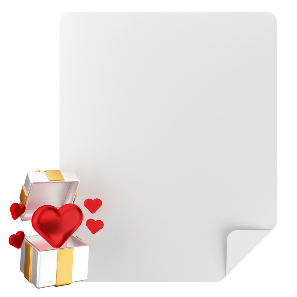 A white paper with a heart and a gift box png