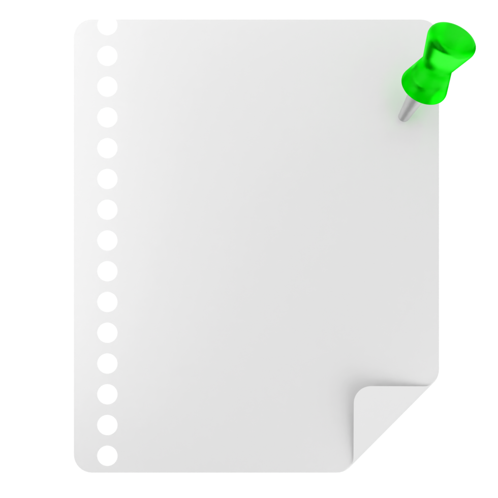 A white sheet of paper with a green push pin png