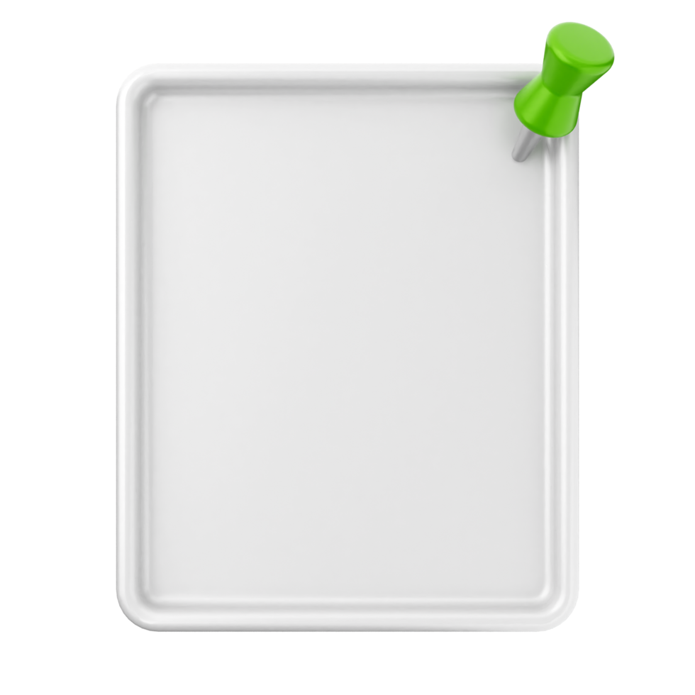 Blank white clipboard with green push pin on black background png