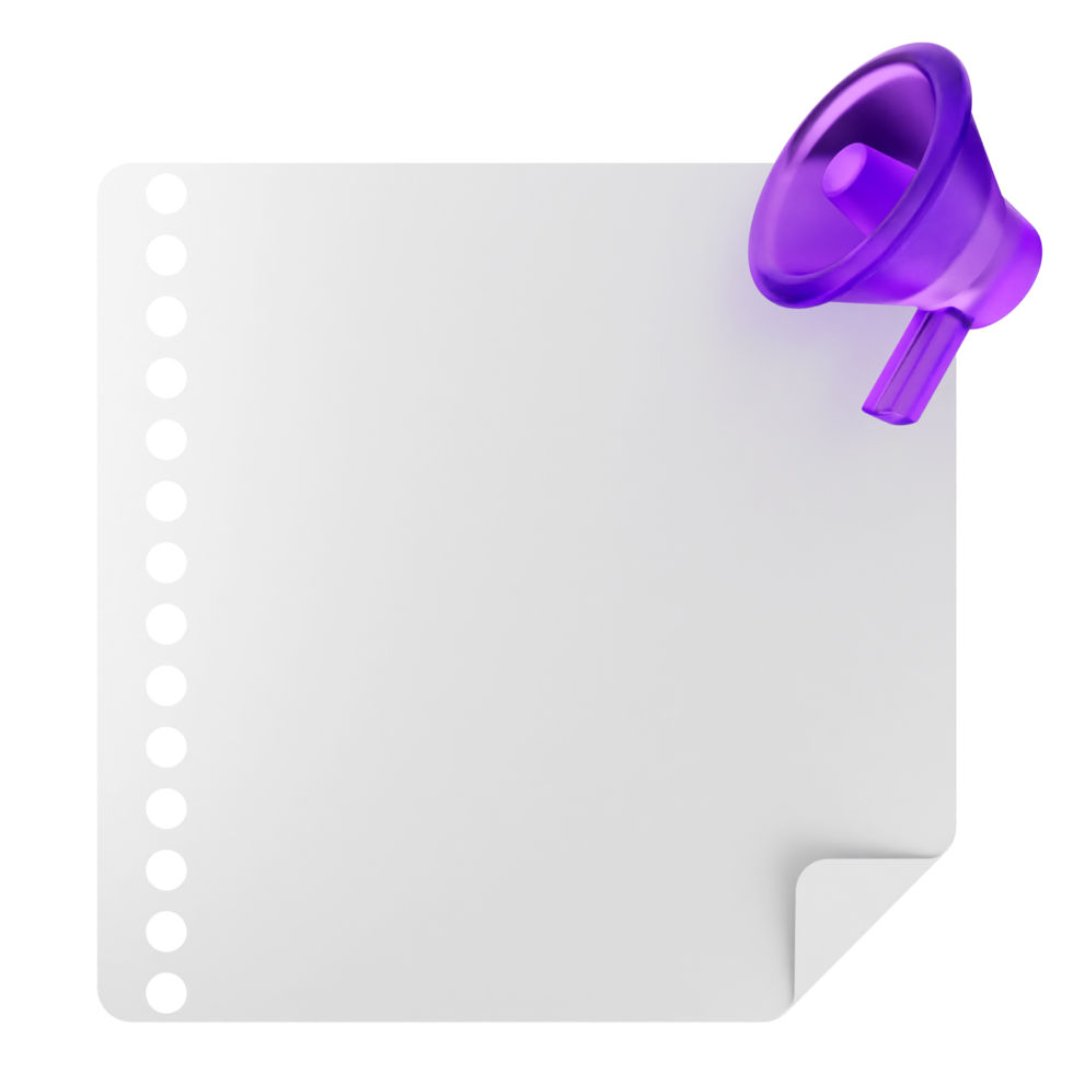A purple megaphone is sitting on top of a piece of paper png