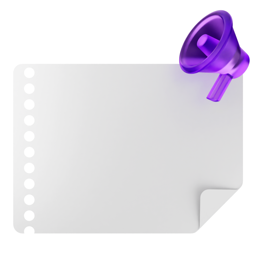 A purple megaphone is sitting on top of a blank sheet of paper png