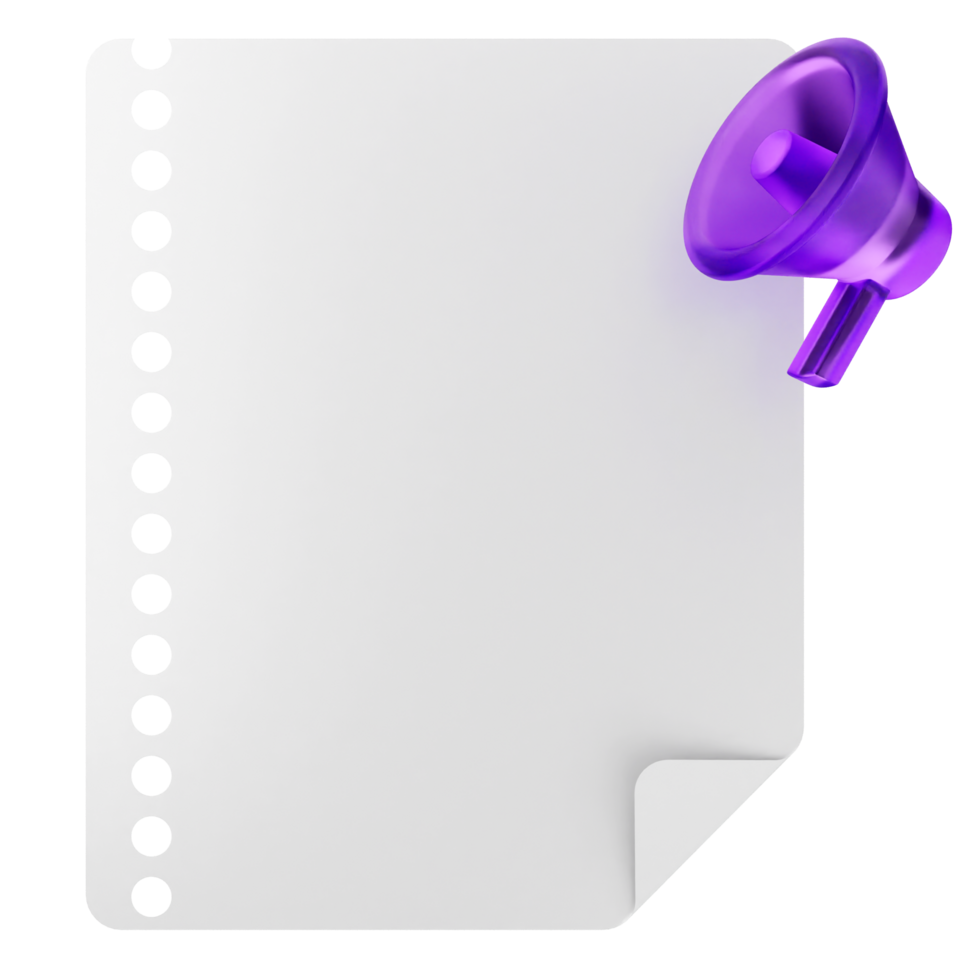 A purple megaphone is sitting on top of a sheet of paper png