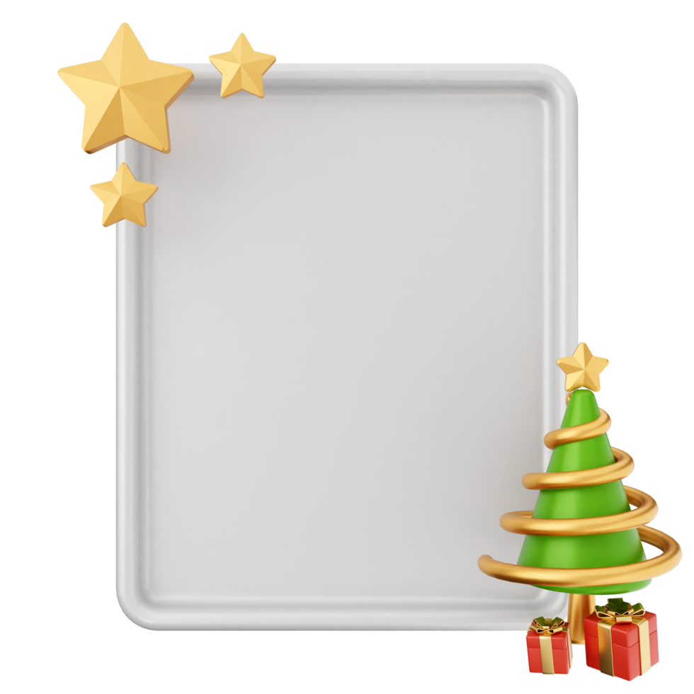 A white frame with a christmas tree and presents png