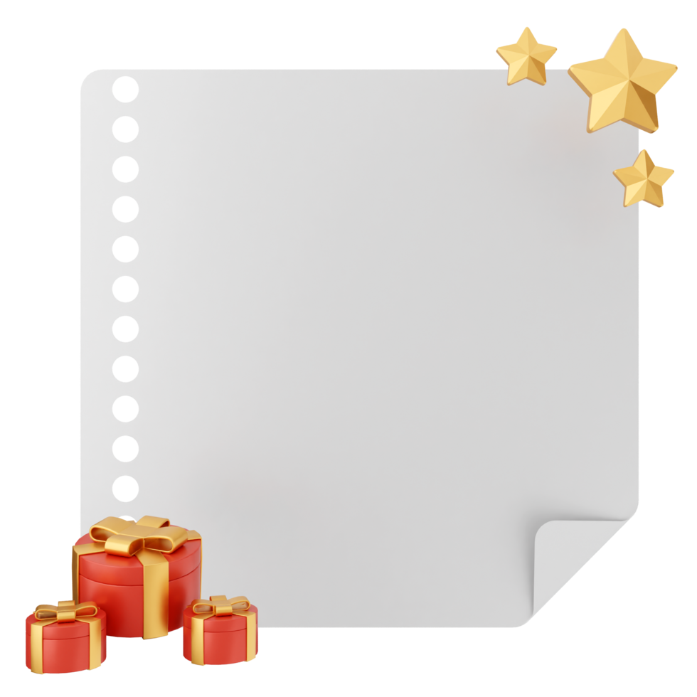 A blank sheet of paper with gold stars and presents png