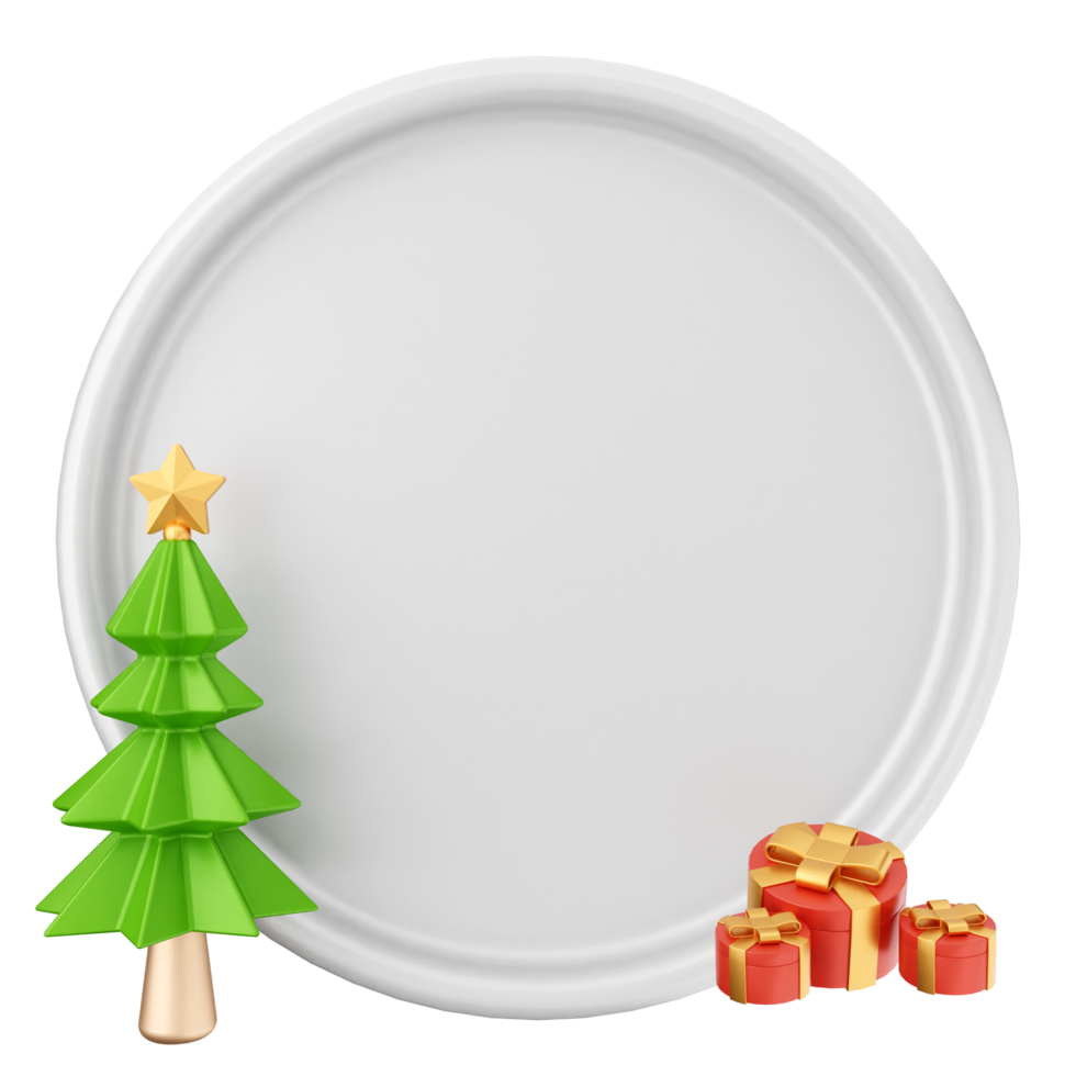 White plate with christmas tree and gifts on black background png