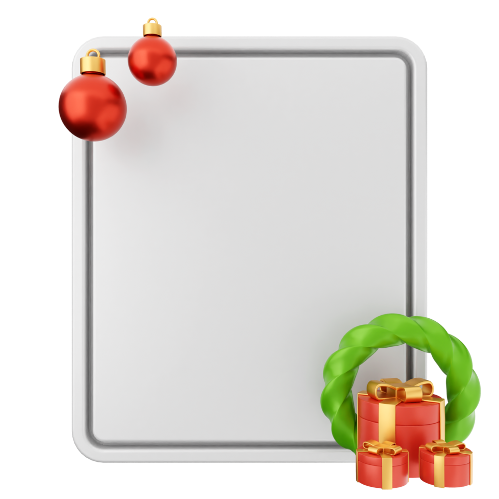 Christmas gift box with a white board and christmas decorations png