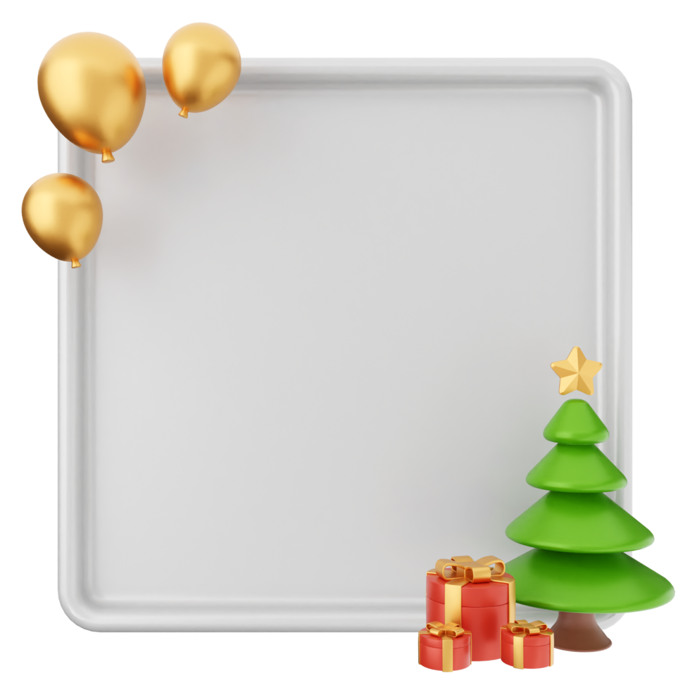 A white square with a christmas tree and gold balloons png