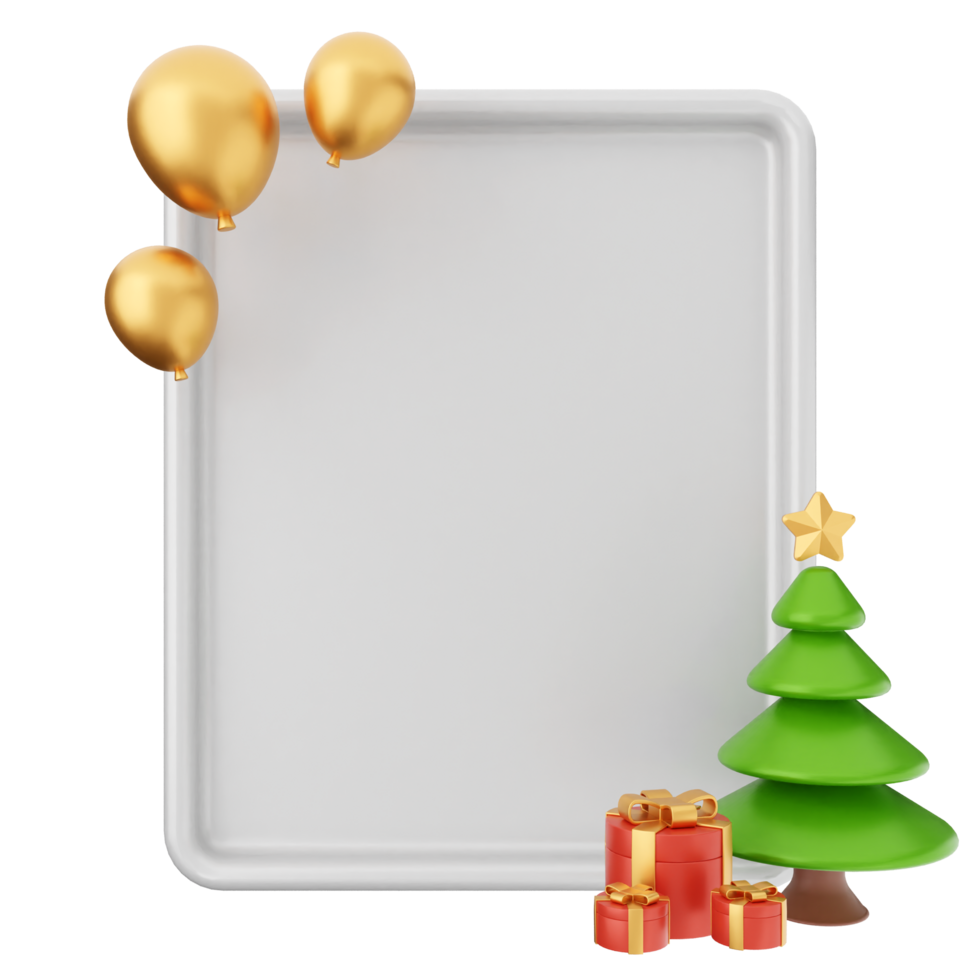 Christmas tree, gold balloons and a blank white board png