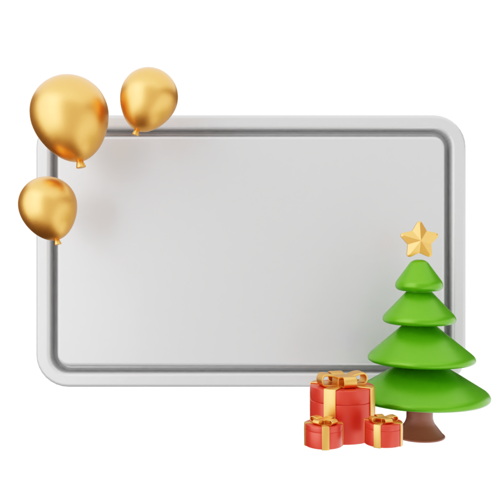 Christmas tree, gold balloons and a blank sign png