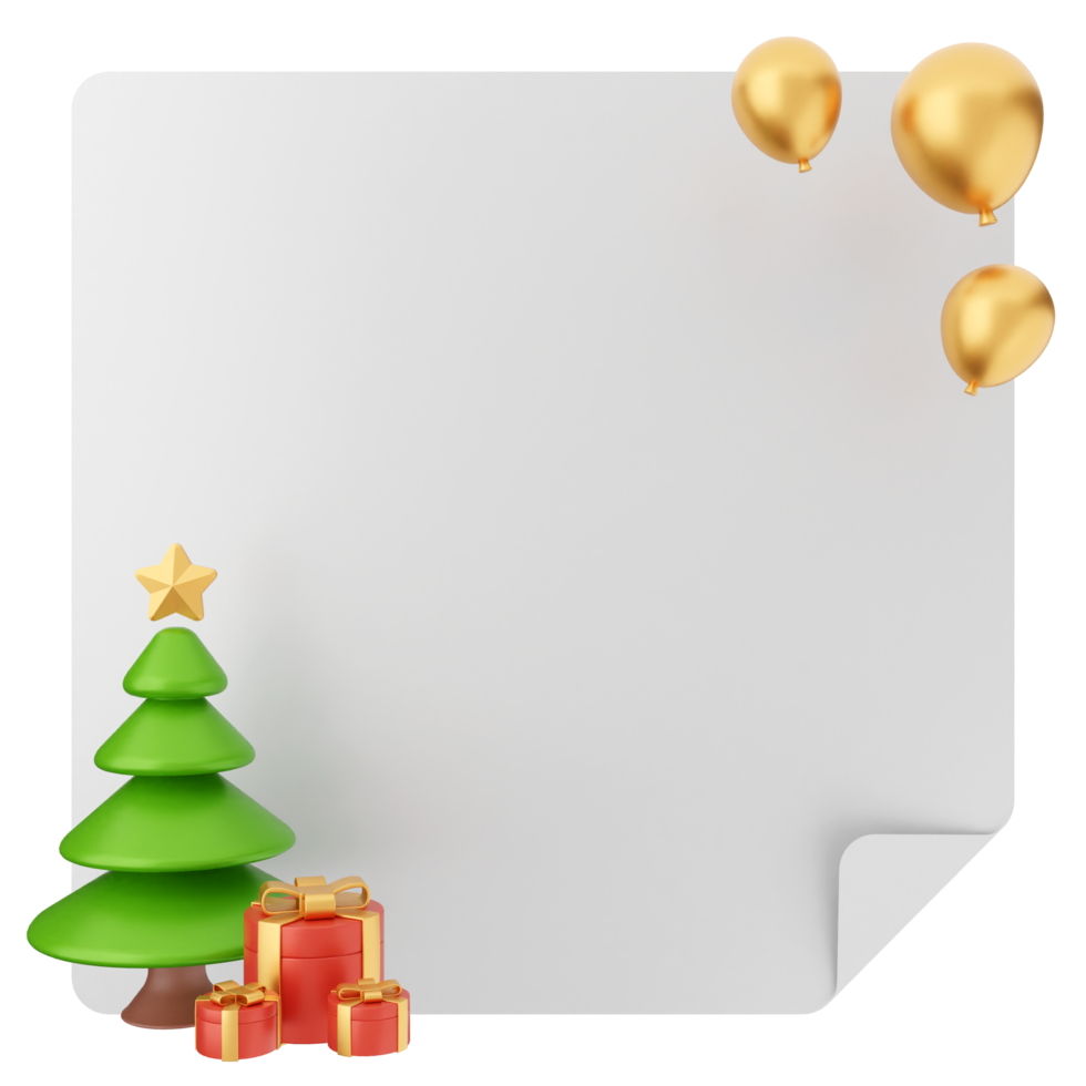 A blank paper with a christmas tree and gold balloons png