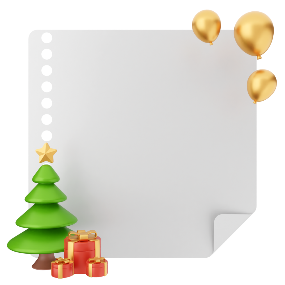 A blank sheet of paper with a christmas tree and gold balloons png