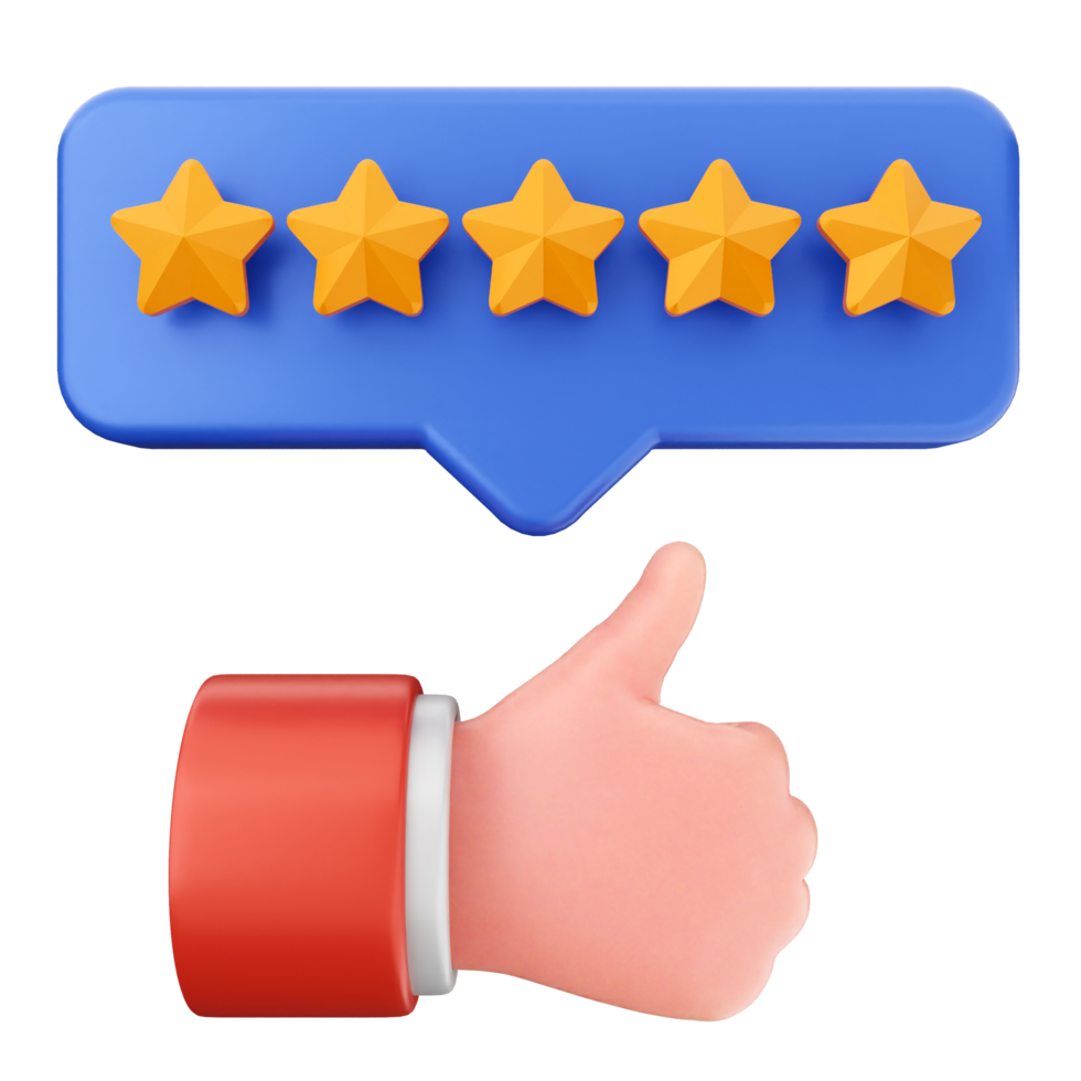 A thumbs up and five stars on a speech bubble png