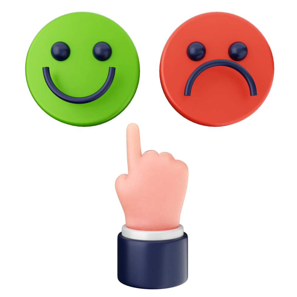 Three different colored smiley faces with a finger pointing to one png