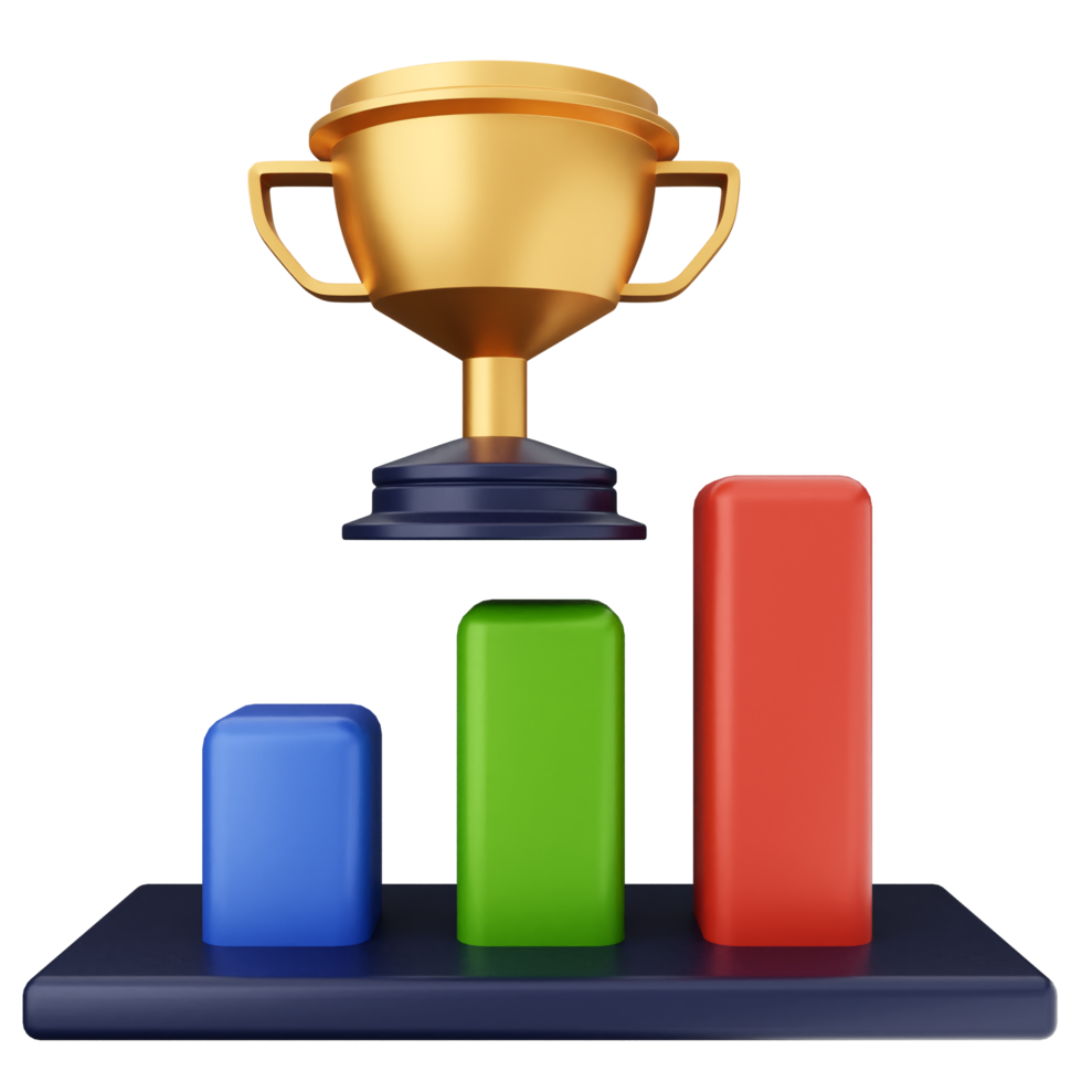 A gold trophy on a bar chart with red, green and blue bars png