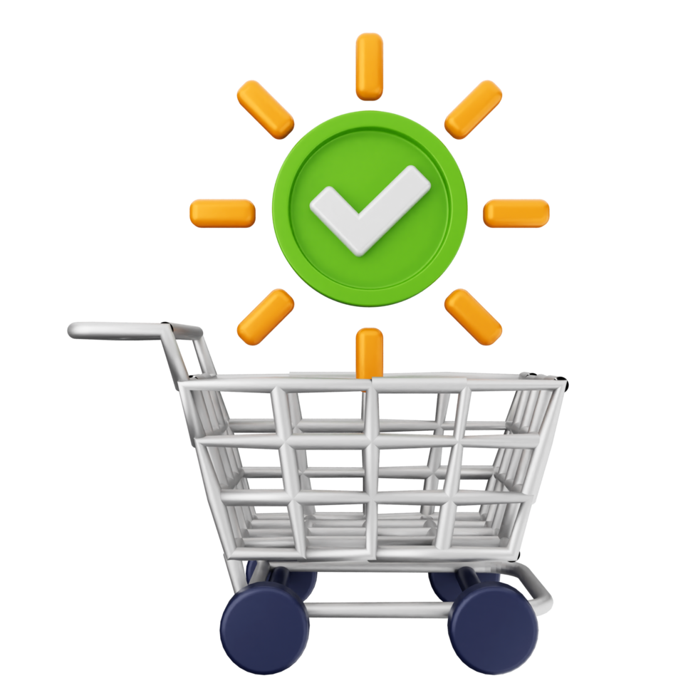 A shopping cart with a green check mark and a sun png