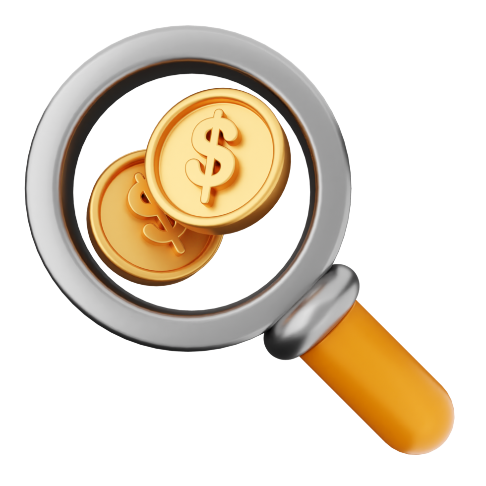 A magnifying glass with coins and dollar signs png