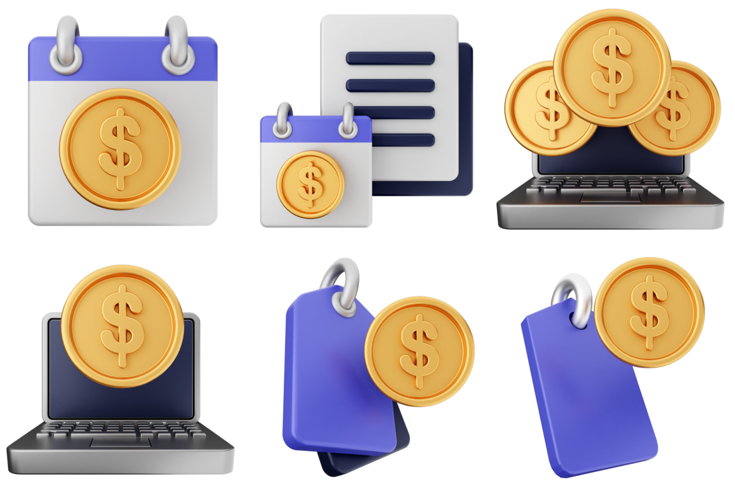 A set of icons depicting money, a laptop and a coin png