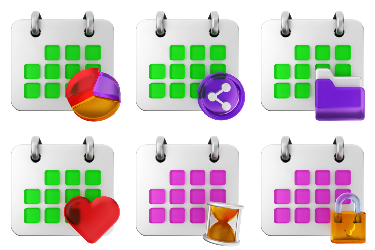 A set of colorful calendar icons on a black background png