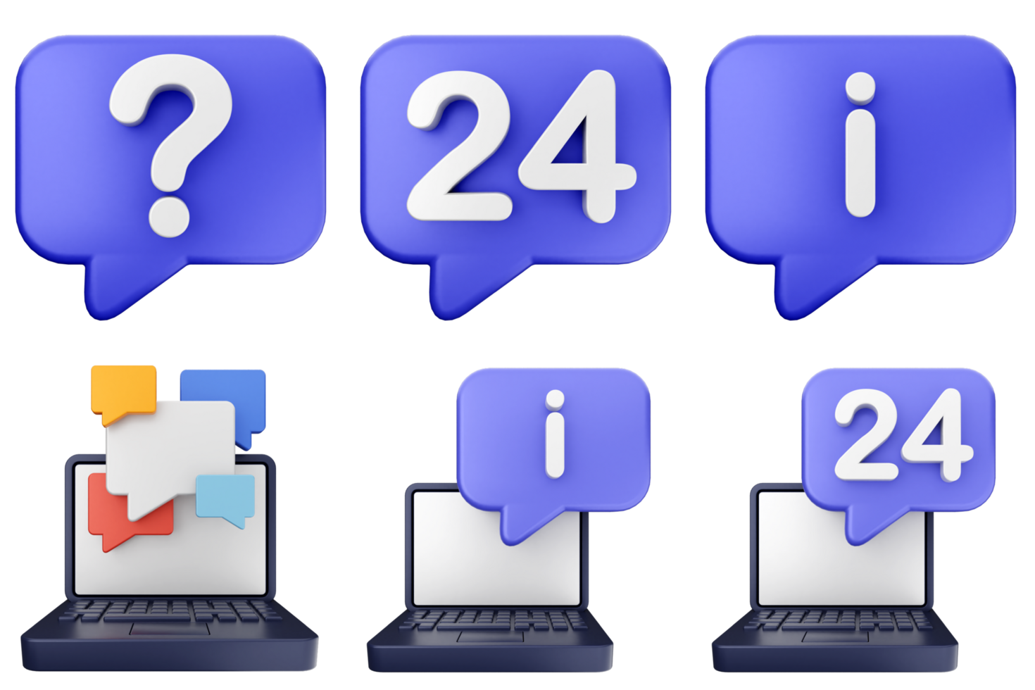 A set of four speech bubbles with a laptop and a question mark png