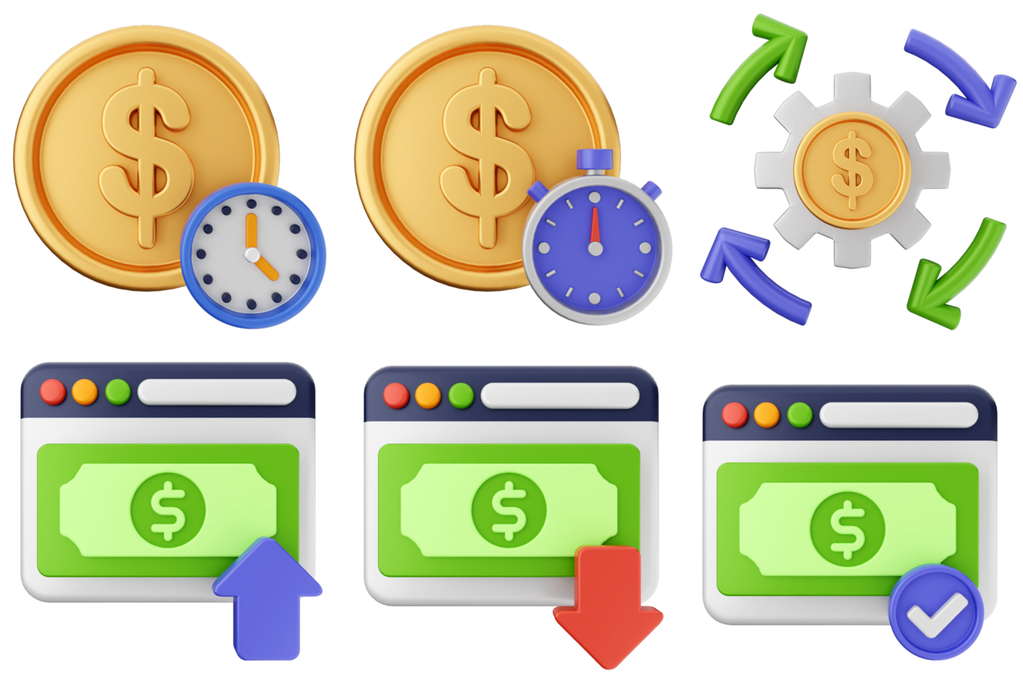 Money icon set with clock, dollar sign, and arrow png