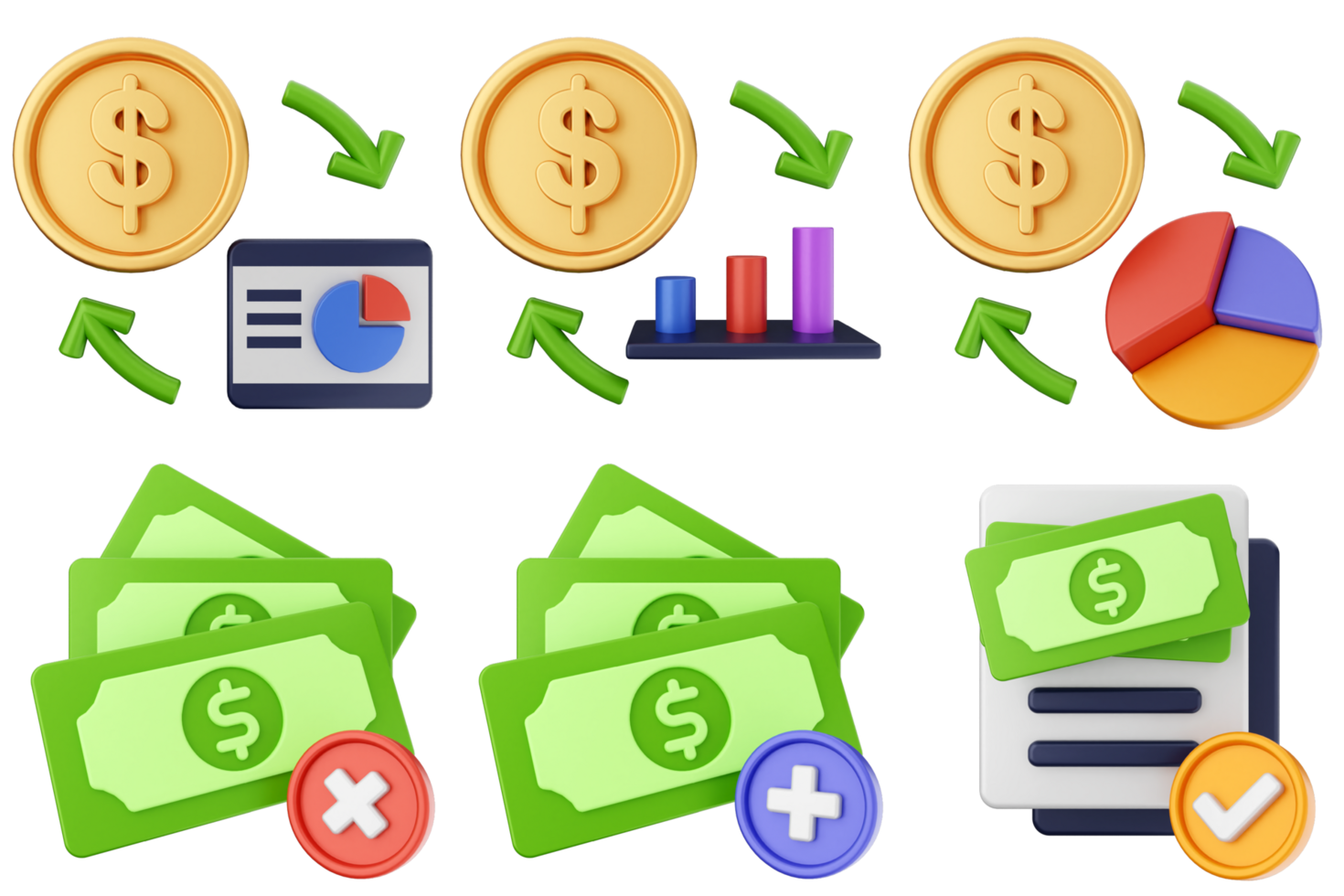 Money icons set with a dollar sign, a coin, and a dollar sign png