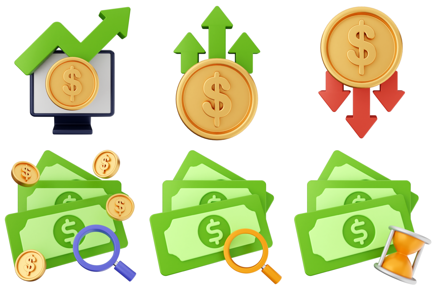 Money icons set with dollar signs, dollar coins, and a magnifying glass png