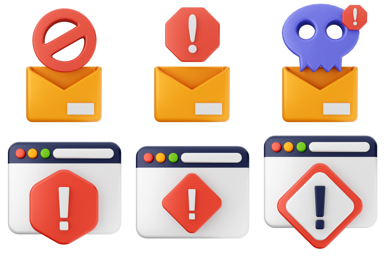 A set of icons that include a warning, email, and a skull png