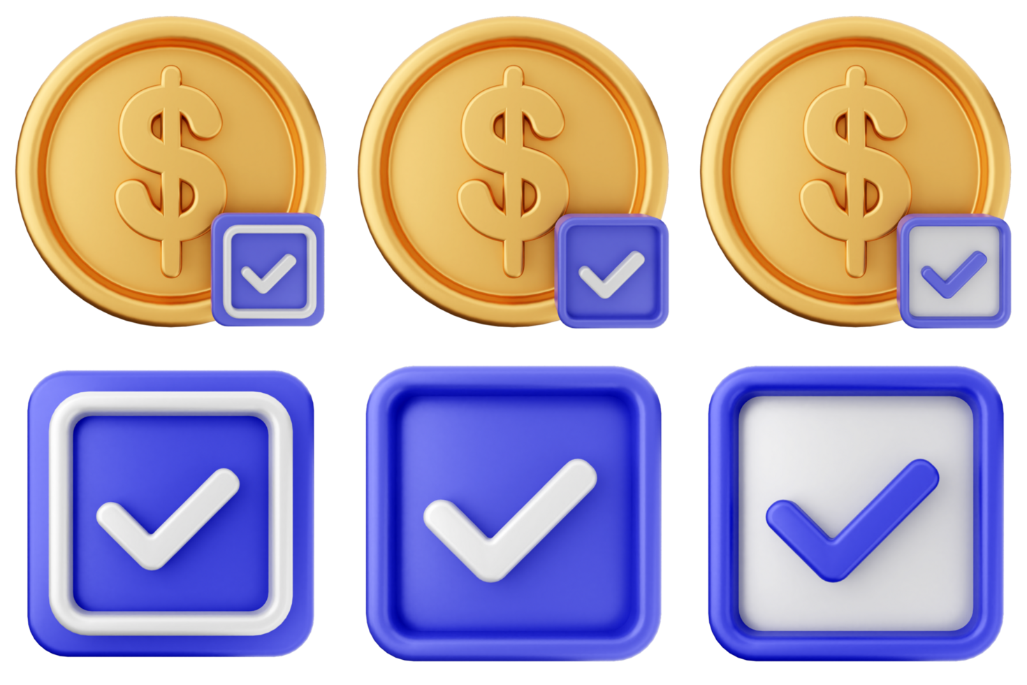 A set of icons with a check mark, dollar sign and coin png
