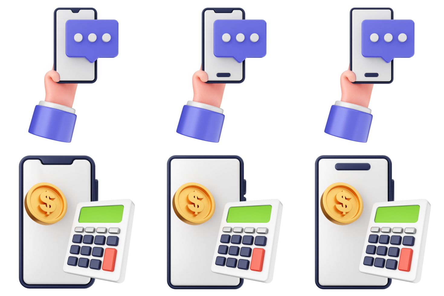 Hand holding a phone with a coin and a calculator png