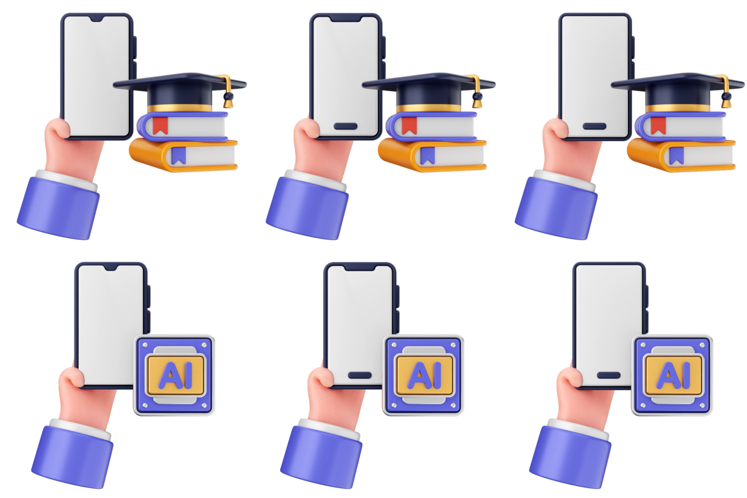 A set of six hands holding up a smartphone with a graduation cap on it png