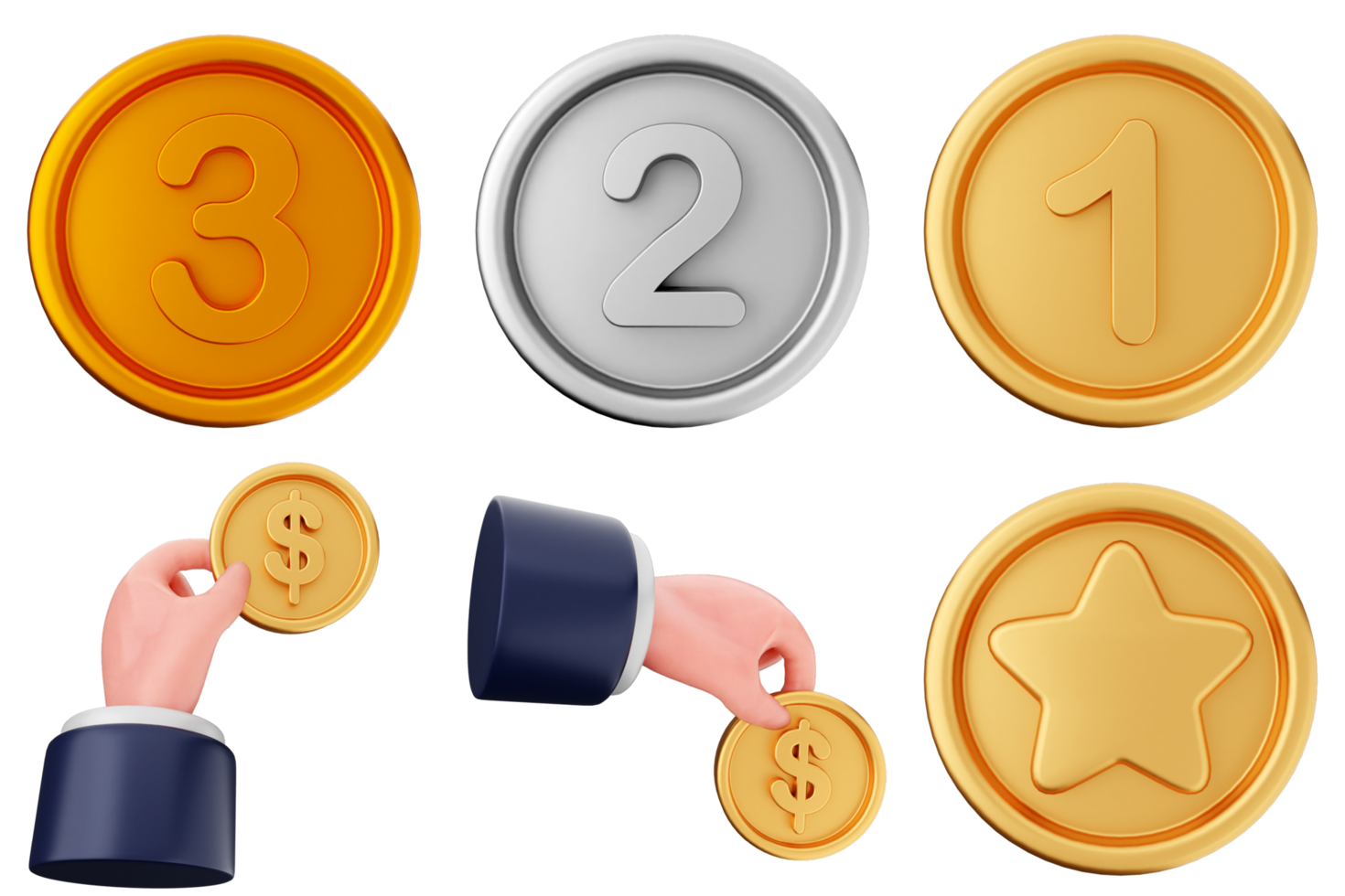 A set of four different gold and silver coins png