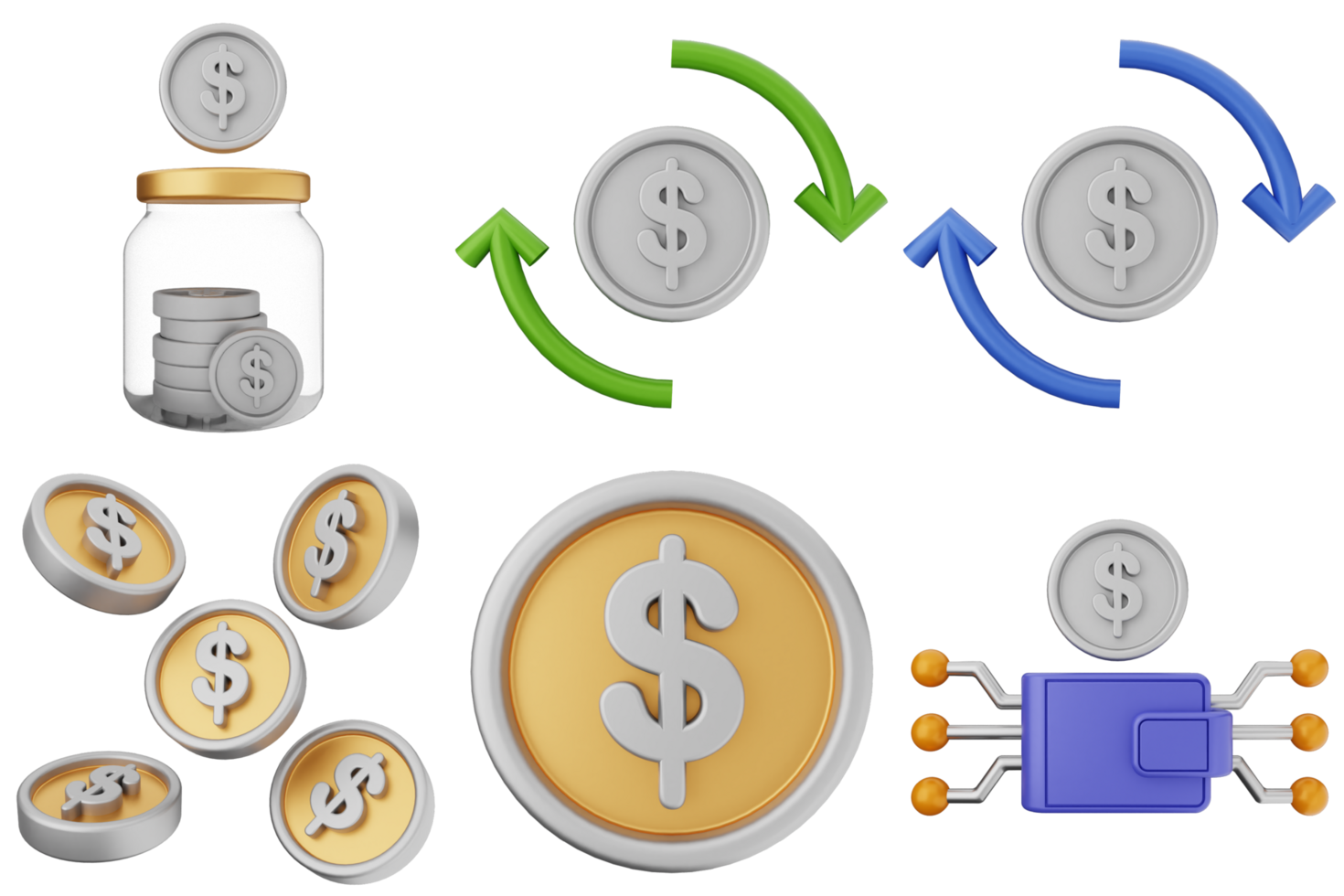 A set of icons that include a dollar sign, a jar, and a coin png