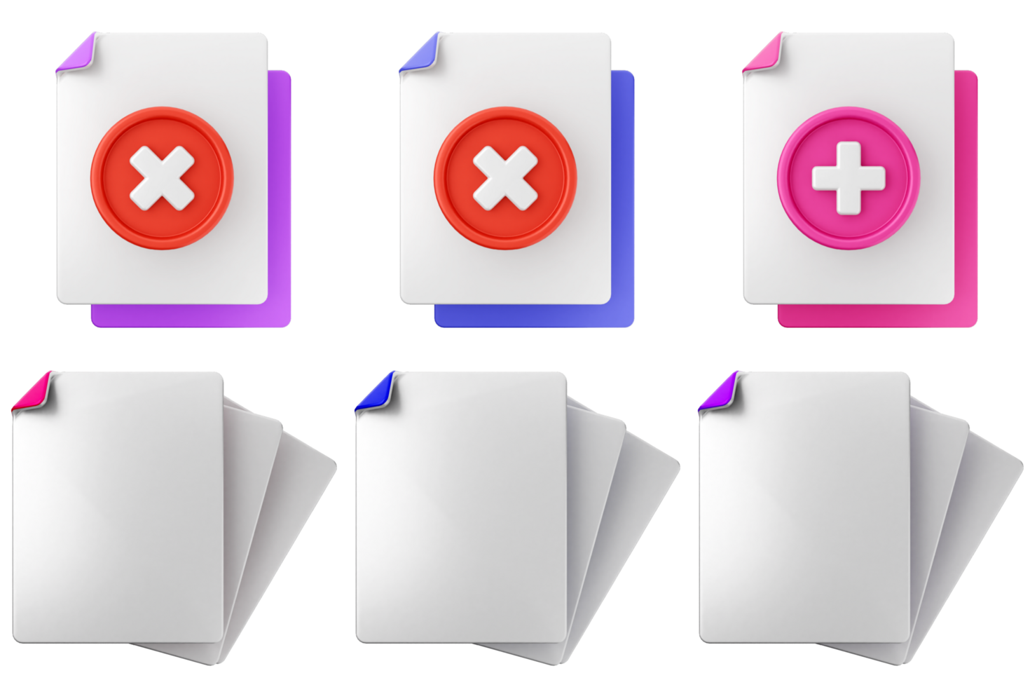 A set of four white paper documents with different colored cross marks png