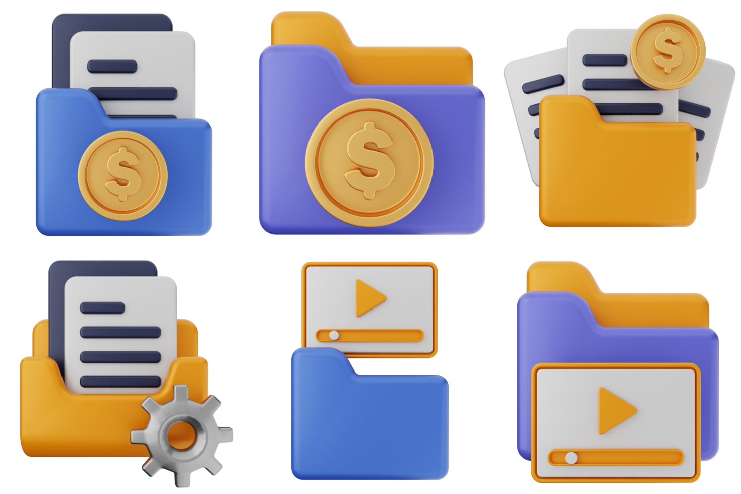 A set of icons for a folder with money and other items png
