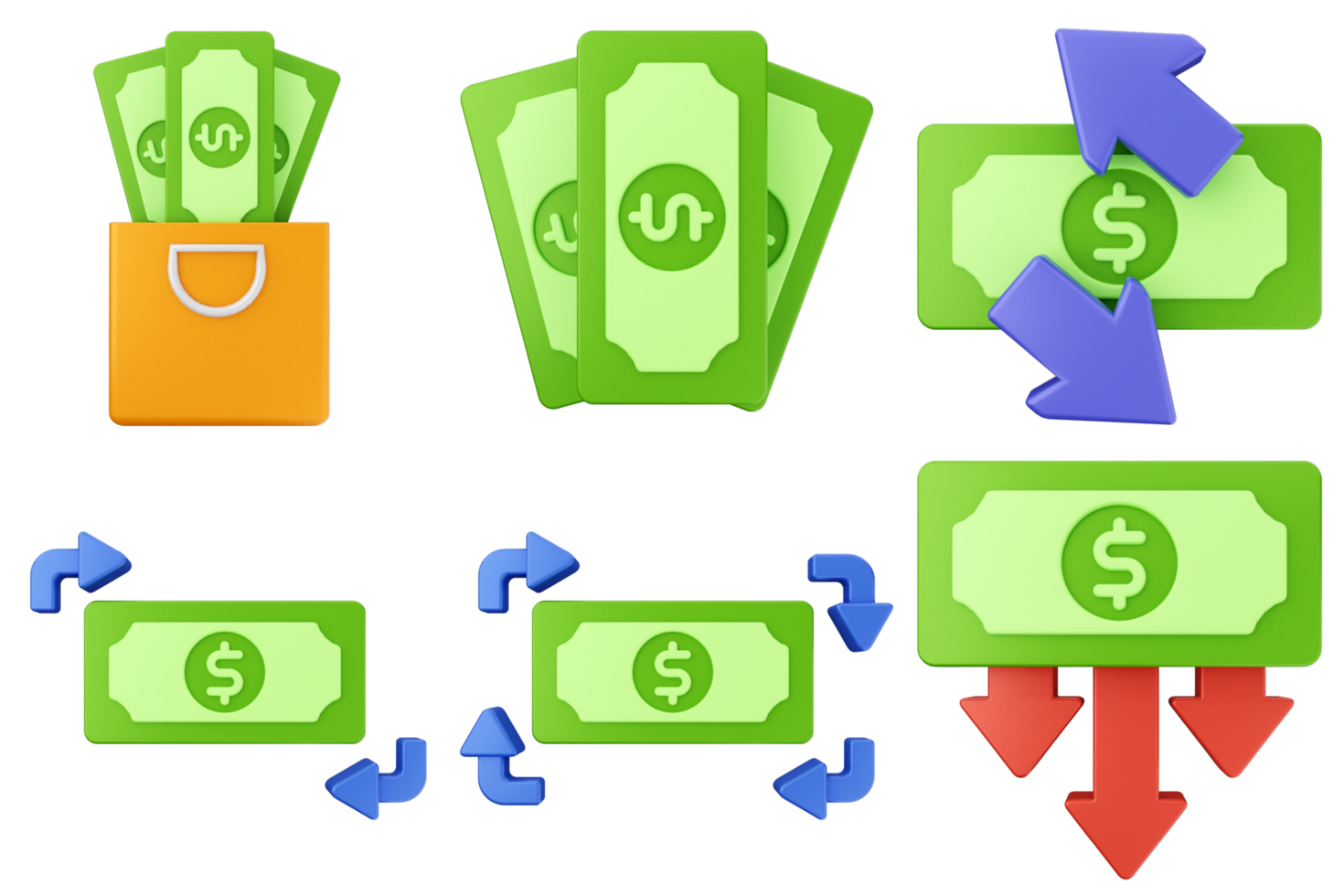 Money icon set with arrows and dollar bills png
