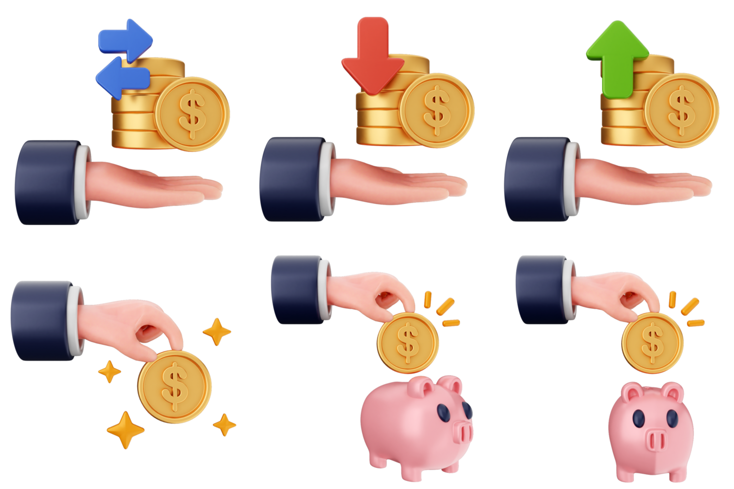 A hand holding a stack of coins and a piggy bank png
