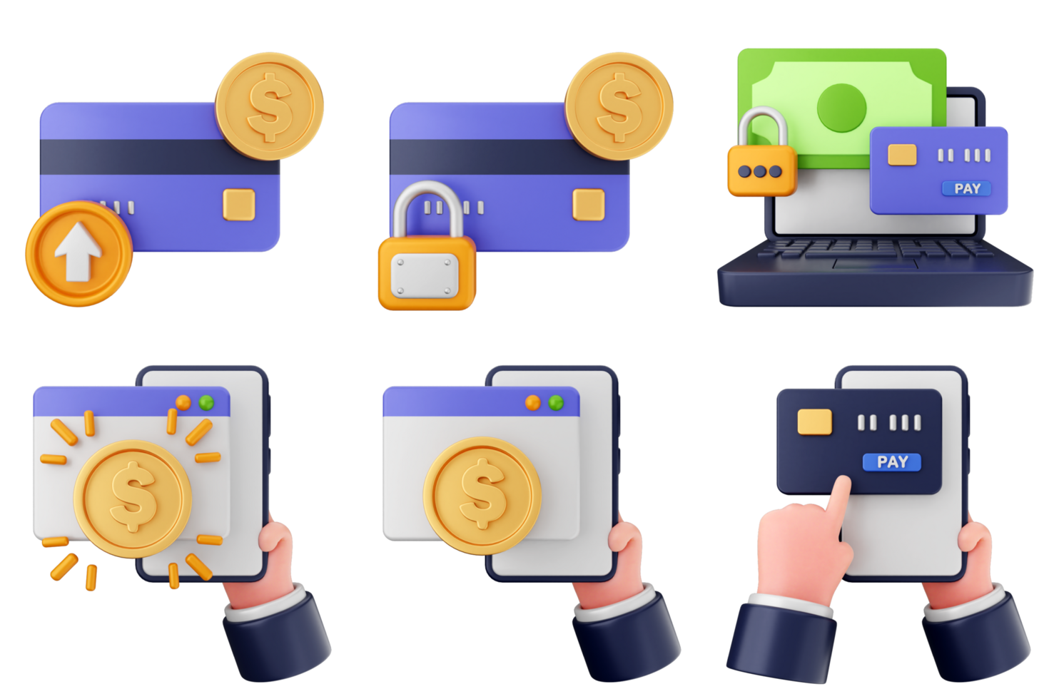A set of icons depicting a person holding a credit card, a laptop and a phone png