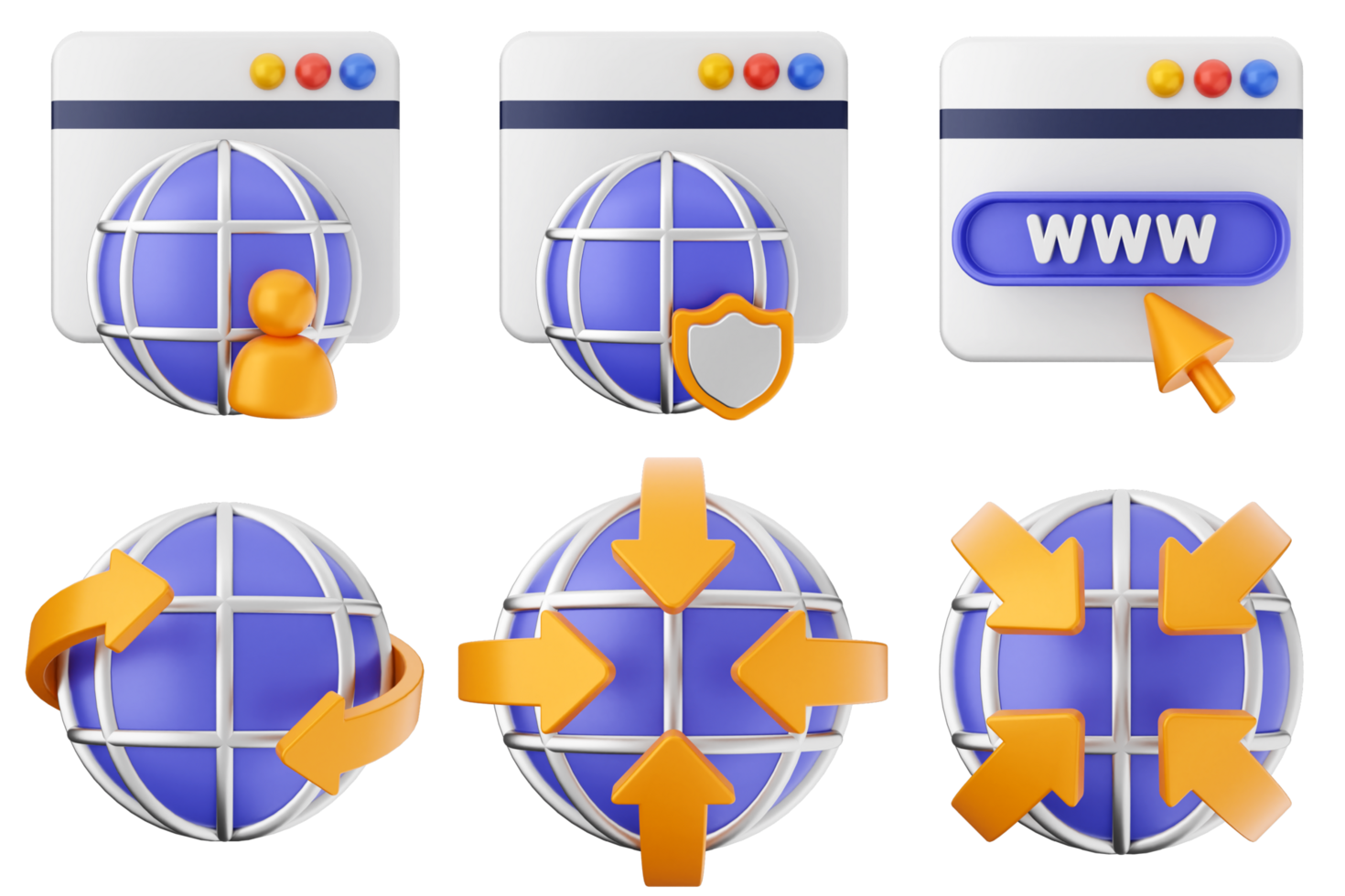 Internet icon set with a globe, arrows, and other symbols png