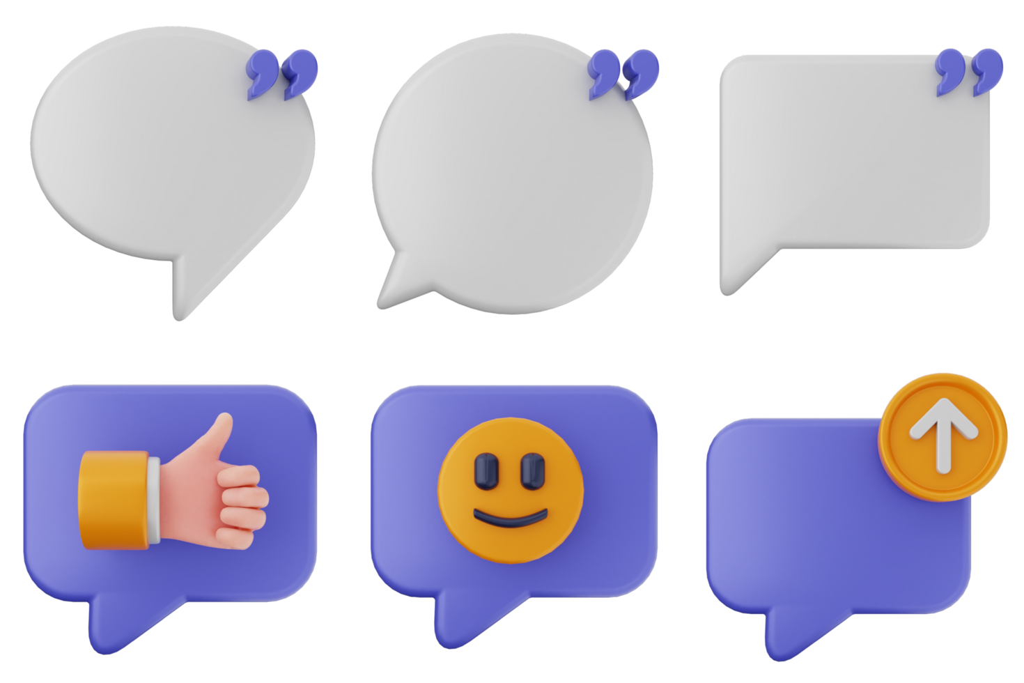 Four speech bubbles with a smiley face and thumbs up png