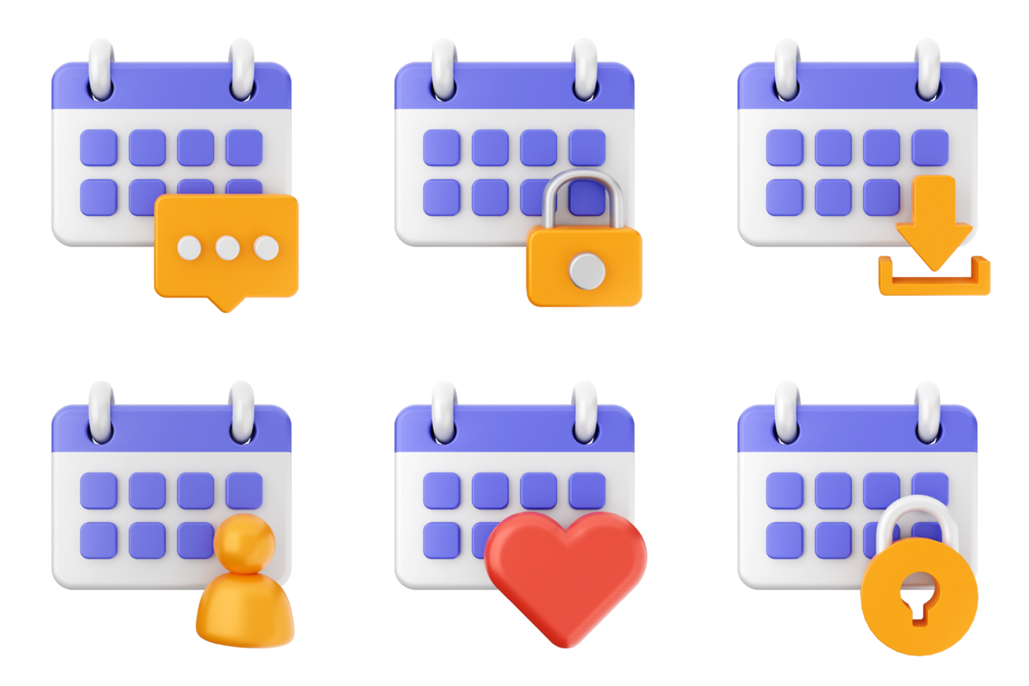 A set of icons for a calendar, including a heart, a lock and a calendar png