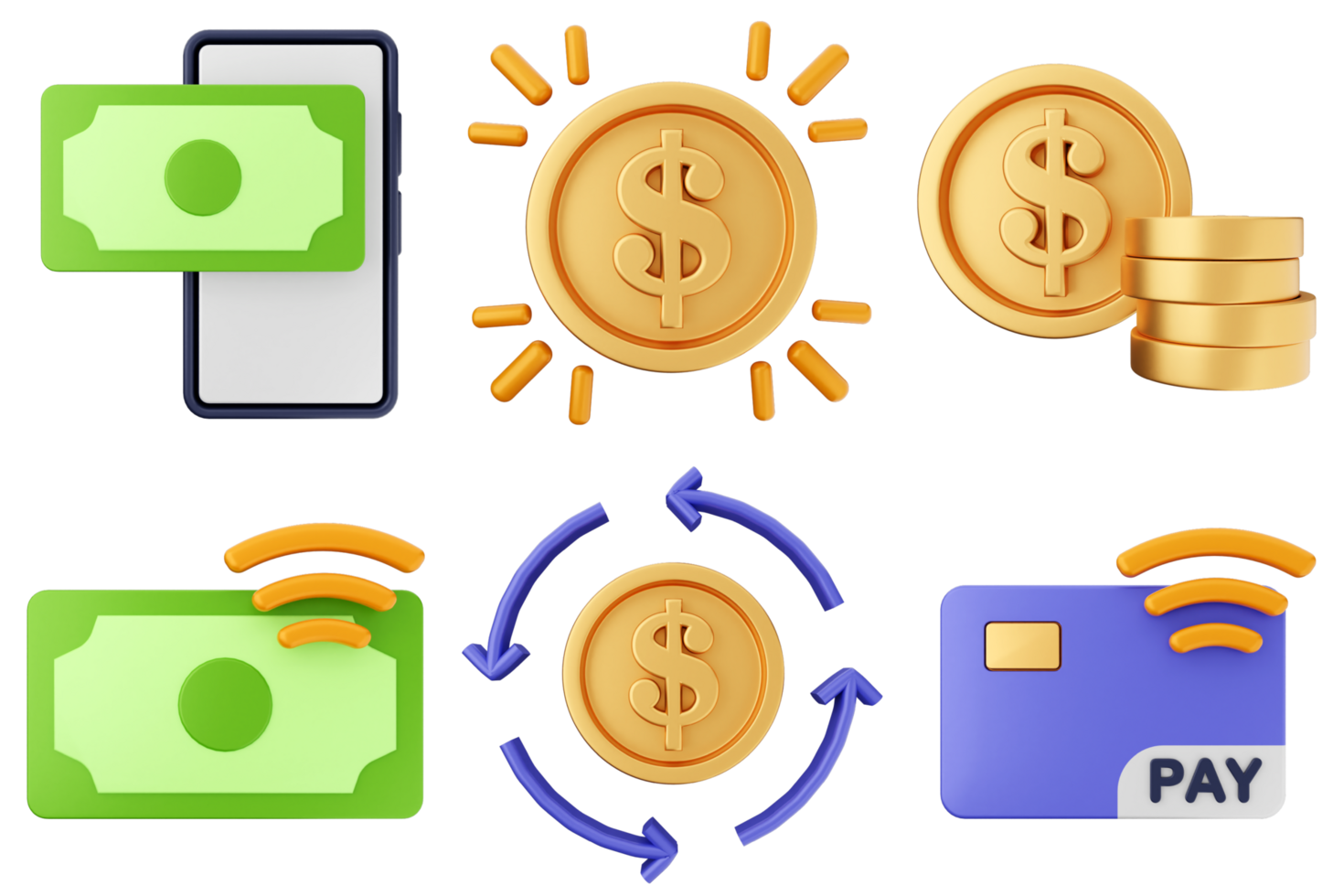 Money icon set with a phone, credit card, and money png