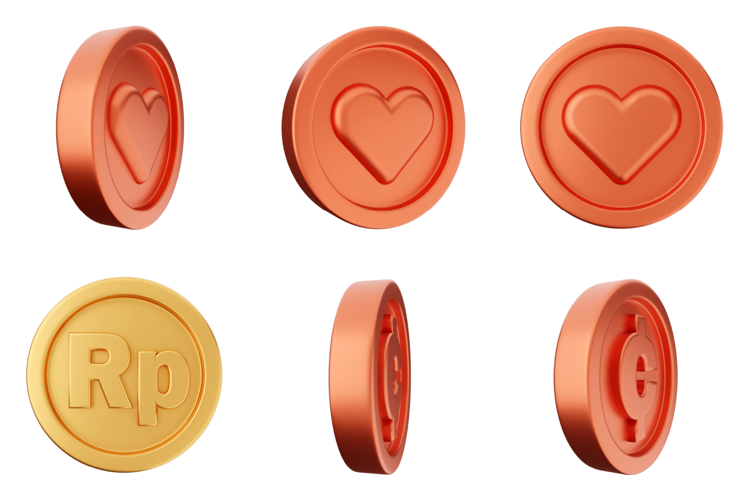 A set of four different colored coins with different symbols png