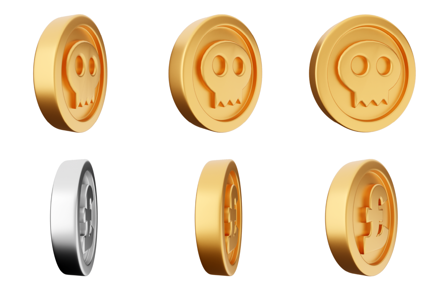 Golden coin with skull and skull icon isolated on black background png