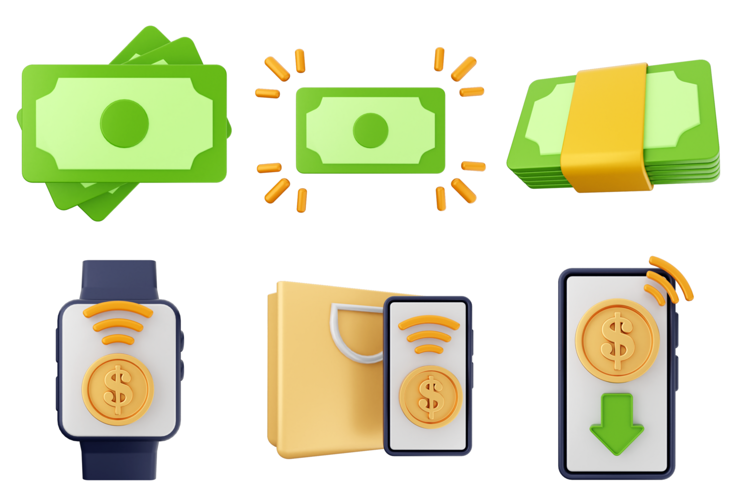 Money icon set with a watch, phone and money png